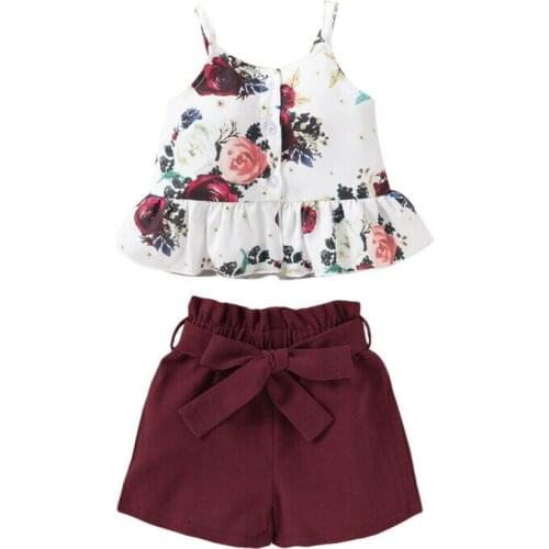 New Newborn Baby Girls Ruffled Flower Sleeveless Top + Bow Shorts Girls Clothing Set