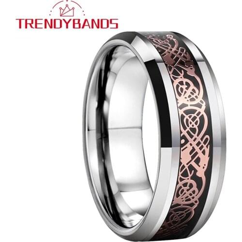 8MM Mens Womens Wedding Ring Tungsten Ring With Black Carbon Fiber Based Rose Gold Dragon Inlay Comfort Fit