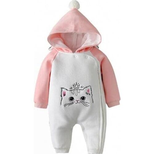 0-24M Newborn Baby Clothes Girl Winter Cartoon Cats Pink Blue With Hooded Long Sleeve Romper Boys Thicken Zipper Jumpsuits