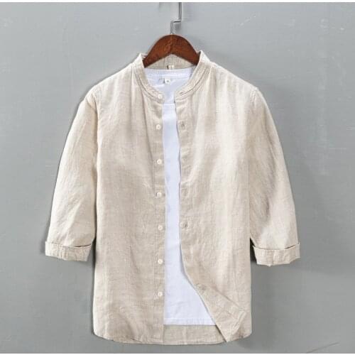 Solid Three Quarter Sleeve Shirt for Men Pure Linen Stand Collar Tops Japanese Fashion Casual Male Clothing Spring 2021 New