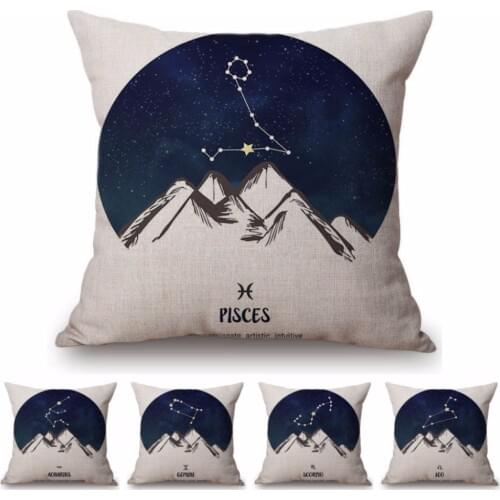 Nordic 12 Zodiac Sign Astrology Pisces Dark Blue White Cotton Linen Decorative Sofa Throw Pillow Case Europe Cushion Cover Case