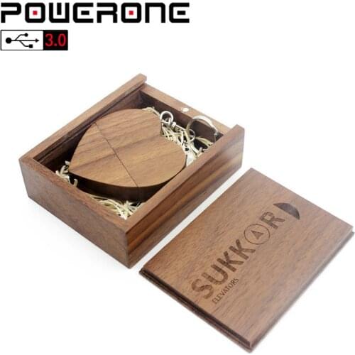 POWERONE usb flash drive USB 3.0 wooden heart+box 4GB 8GB 16GB 32GB 64GB free custom logo memory stick pen drive creative gifts