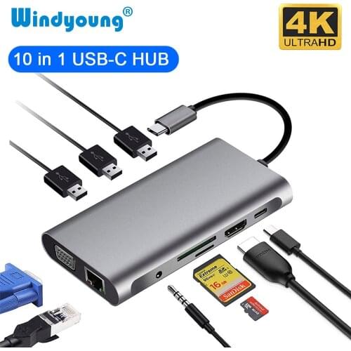USB Type C Hub Type-C To HDMI 4K VGA Adapter RJ45 Lan Ethernet SD TF USB-C 3.0 OTG Type c 3.5mm Jack Audio Video for MacBook Pro