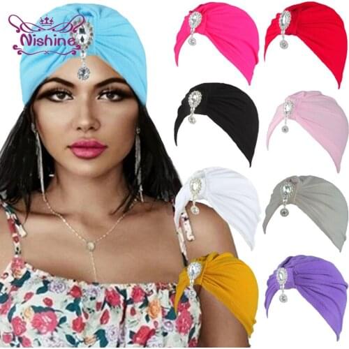Vintage Women Star Shape Pendants Indian Hats 22*19 CM Solid Color Polyester Cotton Elastic Beanie Caps Fashion Girls Turban