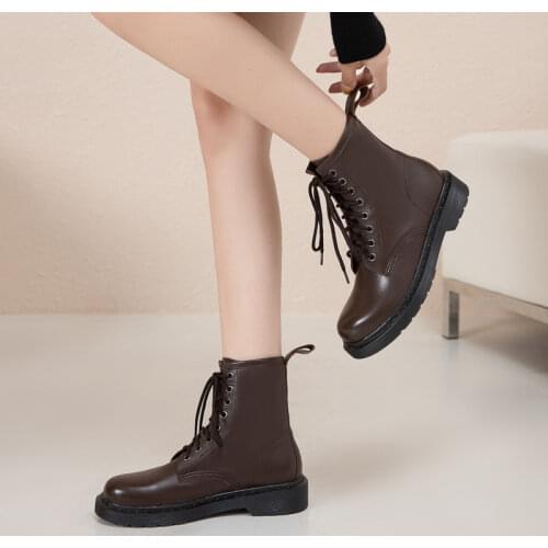 YQBTDL Fashion Punk Lace Up Low Heel Biker Combat Ankle Boots for Women Black Brown Woman Booties Large Size Autumn Lady Shoes