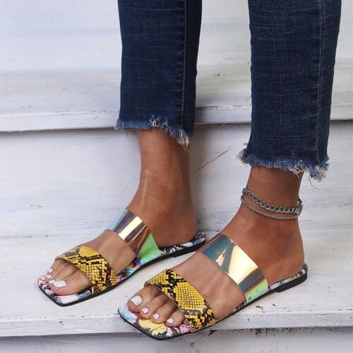 Women Summer Flats Sandals Square Toe Shoes Transparent Open Toe Slippers attern Printed Ladies Sandals Casual Beach Shoes 2021
