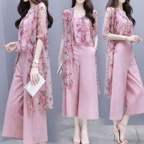 Womens summer chiffon floral tops long cardigan + wide-leg pants trousers casual fashion suit women plus size