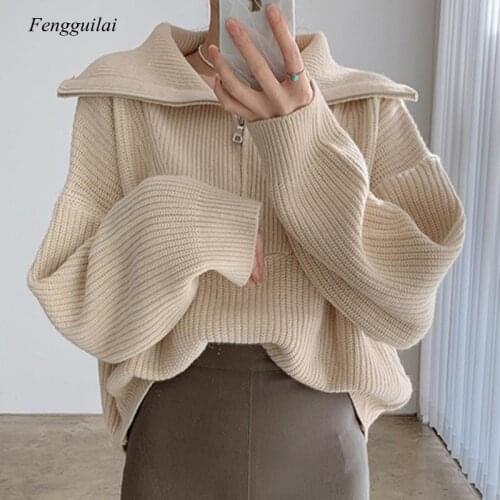 2021 Spring Womens Sweater Fashion Thick Warm High-Neck Large Size Long Sleeve Zipper Knitted Pullovers Tops