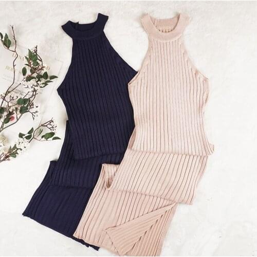 Sanishroly 2018 New Summer Autumn Women Long Dresses Split Hanging Neck Knitted Dress Ladies Bodycon Sweater Dress Vestidos S113