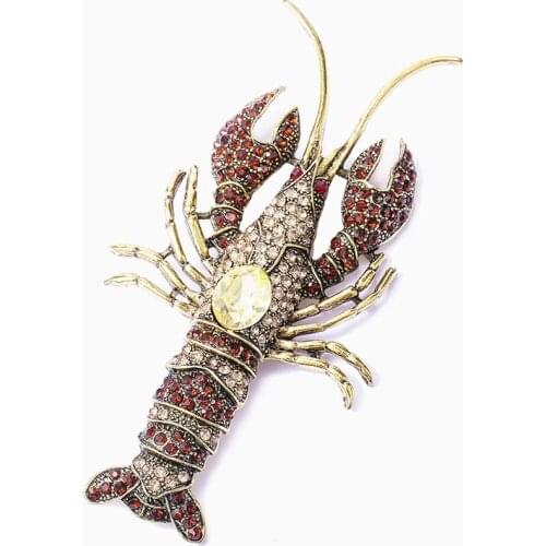 HOSENG Cartoon Simulation Rhinestone Wine Red Color Lobster Brooch For Friends Chef Gift Jewelry Brosche Accessories Pin HS_148