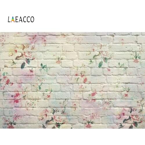 Laeacco White Brick Wall Photophone Printed Flowers Photo Backdrops Baby Newborn Portrait Photography Backgrounds Birthday Props