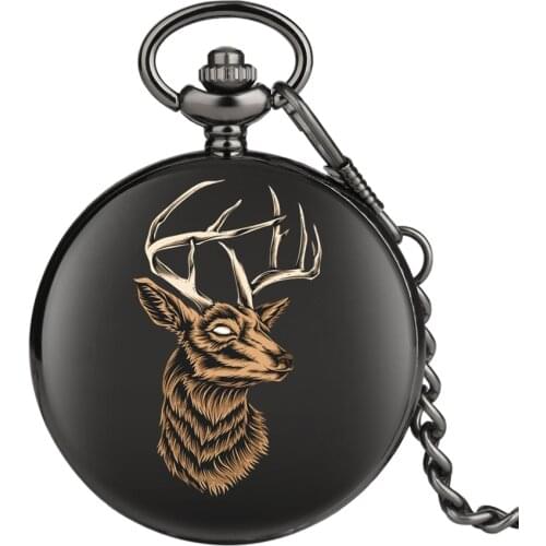 Elk Head Sketch Pattern Quartz Pocket Watch Jewelry Pendant Clock Steampunk Smooth Black Pocket Chain Gifts for Men Women