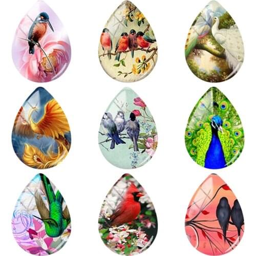 JWEIJIAO Love Birds Phoenix Peacock Picture Water Drop Shape Glass Cabochon Dome DIY Making Necklace Bracelet Jewelry Gifts 1001