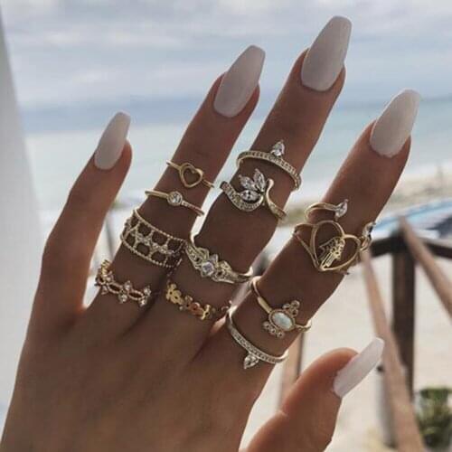 Lalynnly Bohemian Gold Crystal Geometric Leaf Heart Flower Ring Set For Women Charm Rings Party Wedding Jewelry Accessories Gift