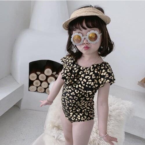 Summer 2Pcs Baby Kids Girl Leopard One-Piece Swimwear Swimsuit Cotton Lace Beach Swimming Costume With Hat 2-8Yrs