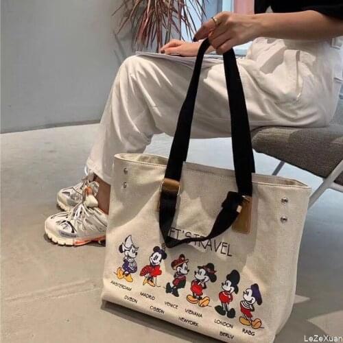 Hot Disney Mickey Mouse Women Bags Fashion Minnie Girl Shopping Bags Large Capacity Personality PU Canvas Bag Best Gifts