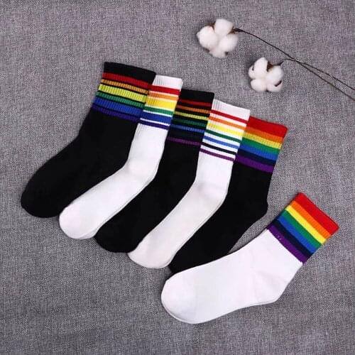 Womens Socks Cotton Rainbow Stripes Christmas Gift Classic Warm Casual Tide Harajuku Funny Cute Pop Korean Socks