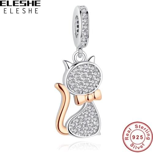 Authentic 925 Sterling Silver Beads Rose Gold Animal Meow Cat Charms Fit Original Bracelets Pendant DIY Jewelry Making