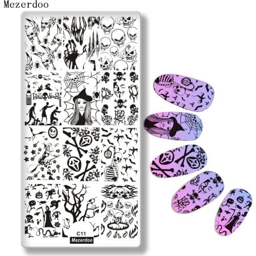Halloween Rectangle Manicure Stamp Template 12*6cm Spider Web Skeleton Designs Nail Art Image Plate Celebration Mezerdoo C11