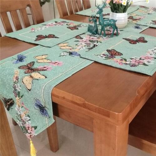 Butterfly Flowers Table Runner Placemat Yarn Dyed Table Cloth Plate Mats Home Decor, Free Shipping