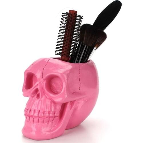 Creative Pink Skull Ornament Skeleton Pen Holder Desktop Pencil Organizer Makeup Creative Pink Skull Ornament