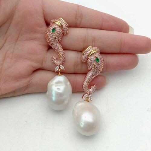 YYGEM Cz micro Pave rose gold plated Elephant shape Stud earrings animal White Nucleated Flameball Baroque Pearl Earrings