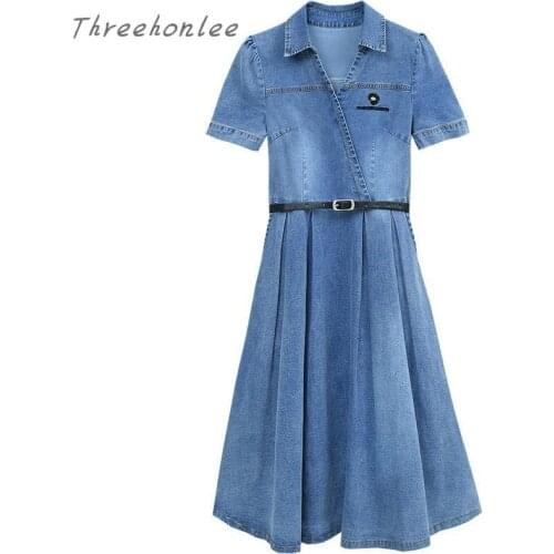 High Quality Womens Denim Dress Summer 2021 New Fashion Casual Waist Show Slim V-neck Knee-length Denim Dress With Sashes