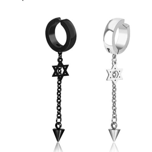 1Pair 2PC Black Titanium Steel No ear hole Mens Women Tassel Earrings Star of David Clip Earring Male Female Fashion Jewelry