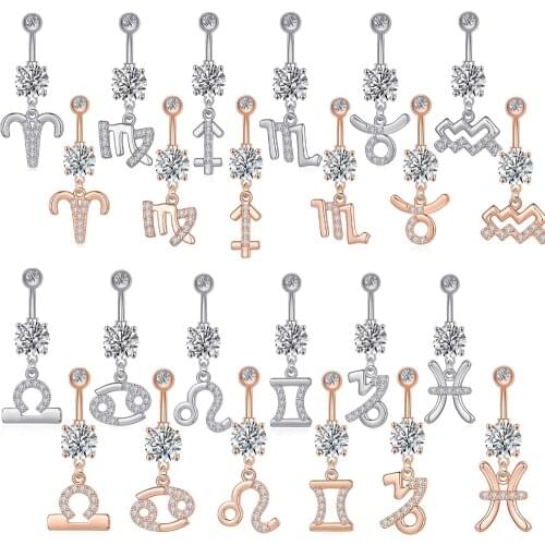 1Pc Twelve constellations Navel Piercing Surgical Steel Zircon Belly Button Navel Rings Omblig Piercing Curved Bar Body Jewelry
