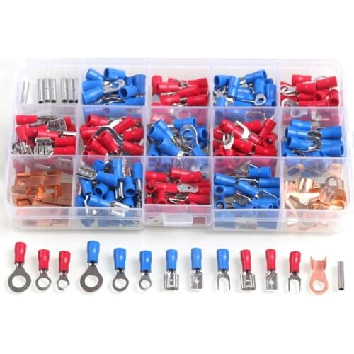 300Pcs/Set Electrical Assorted Wire Crimp Terminals Insulated Spade Fork Ring Butt Connectors Kit Red Blue Copper