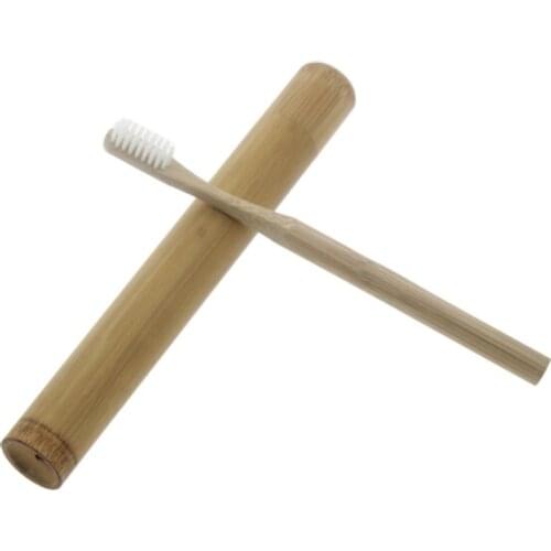 Travel Adult Natural Bamboo Toothbrush Set Include 21*2.7cm Tooth Brush Holder Box Case And 19cm Round Handle Toothbrush