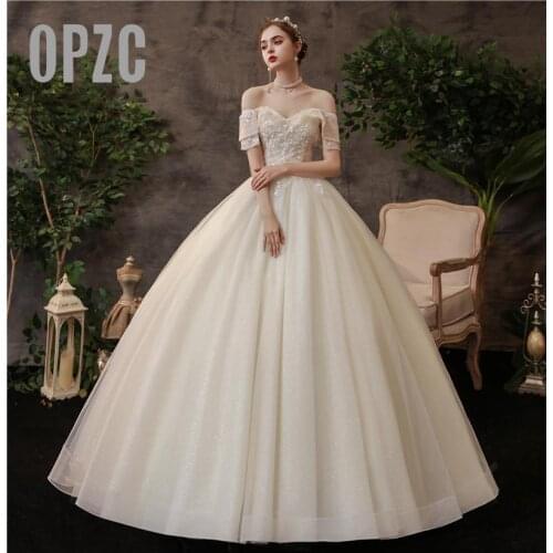 Champagne Elegant Boat Neck Off The Shulder Wedding Dresses Luxury Sequined Peals Lace Bridal Gowns Plus Size Vestido De Noiva