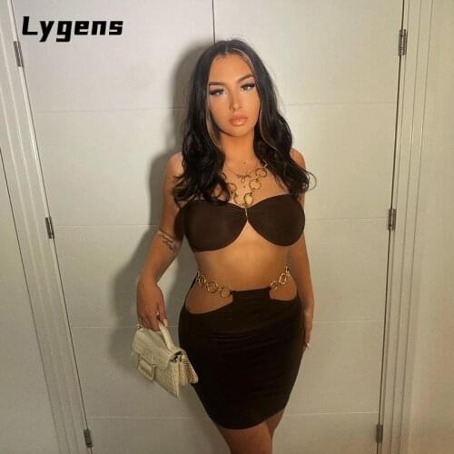 Lygens 2021 Summer Women Solid Patchwork 2 Pieces Chain Halter Tube Crop Top Set Hollow Out Streetwear Sexy Bodycon Outfits