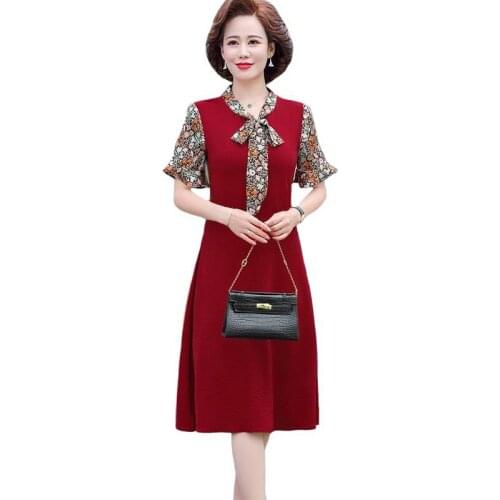 Mom V-Neck Summer Dresses Female 2021 Long Short-Sleeved Dress Middle-Aged Womens Summer Splicing Chiffon Print Dress Plus Size