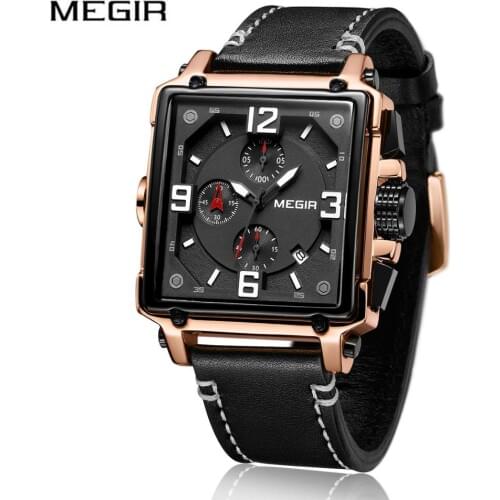 MEGIR Multi-function Men Watch Top Brand Luxury Chronograph Quartz Watch Men Clock Waterproof Leather Sport Army Military Watch