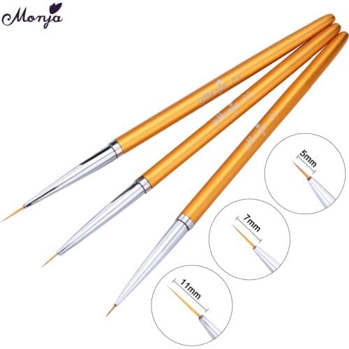 Monja 3pcs/set Nail Art 5/7/11mm Gold Metal Handle Stripe Lines Liner French Painting Brush Flower Image DIY Design Drawing Pen