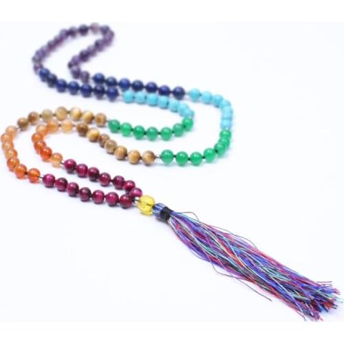 New 7 Chakra Mala Yogi Necklace Natural Stone Beaded Tassel Long Necklace For Women Meditation Jewelry Maxi Necklace Dropshippin