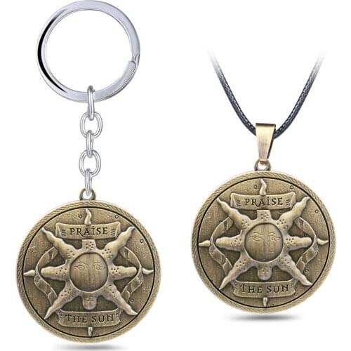 New Game Dark Souls 3 Key Chain Praise The Sun Emblem Collection Pendant Necklace Metal Leather Chain Choker Keychain Jewelry