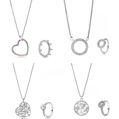 Authentic Silver Plated Brand Necklaces Romantic Clear Round Shape CZ Brand Pendant Necklaces for Women Party Jewelry Metal 45cm