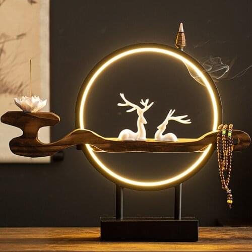 Luxury Wood Incense Burner Coil Holder Smoke Backflow Vintage Incense Burner Led Light Deer Brule Encens Porch Decor EI50IB