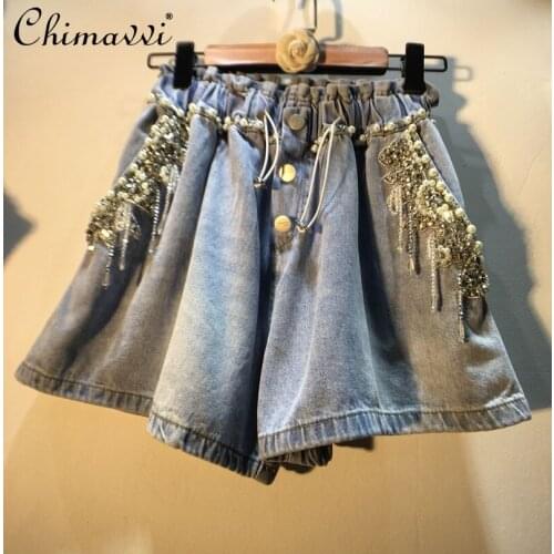 European New Heavy Tassel Bead Diamond Denim Shorts High Waist Slim Wide-Leg Jean Shorts Womens Fashion Streetwear Hot Pants