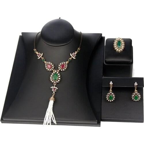 Sunspicems Vintage Turkish Jewelry Indian Earring Necklace Ring Sets For Women Retro Gold Color Long Bead Tassel Chain 2021