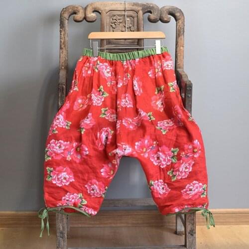 Loose Linen Fluid Drop Crotch Pants Women Elastic Waist Baggy Ethnic hip hop Printed Harem Trousers Summer Flax Wide Leg Pants