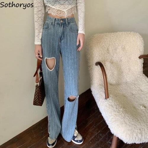 Holes Heart Pearls Jeans Women Sweet Vintage High Waist Straight Split Loose Summer Denim Trousers Chic Fashion Elegant Pockets