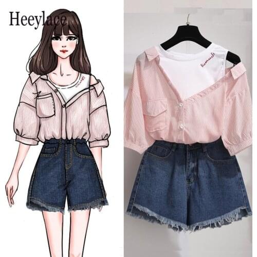 2020 Summer two piece denim shorts sets sweet korean one shoulder striped tops and denim jean shorts set tracksuit women