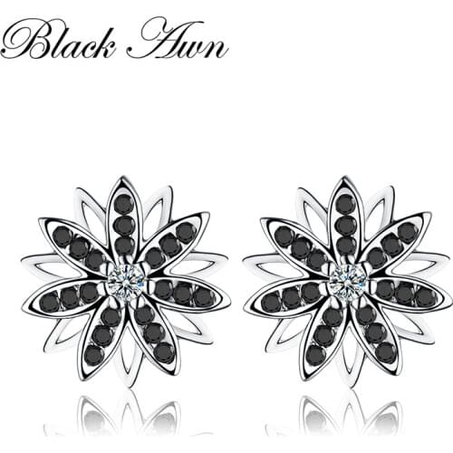 [BLACK AWN] Flower Genuine 925 Sterling Silver Jewelry Black Spinel Stone Engagement Stud Earrings for Women T119