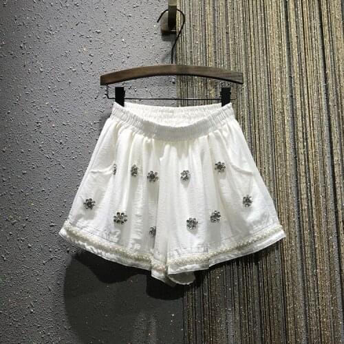 Womens Shorts Heavy drills nail-beaded summer new elastic high waist loose wide leg A-word casual cotton linen shorts women