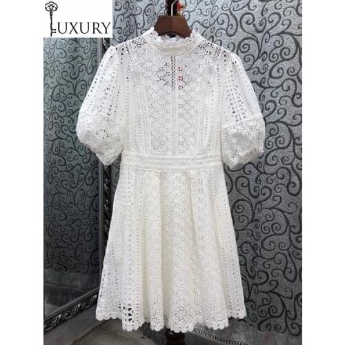 2020 Novia Autumn Party Style Women Stand Neck Sexy Back Bow Patchwork Puff Sleeve Slim Fit A-Line Lace Crochet Embroidery Dress