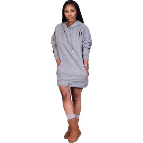 Winter Sweatshirt Long-sleeve Dress Woman Clothing Hooded Collar Pocket Simple Drawstring Casual Straight Lady Dress Vesdies