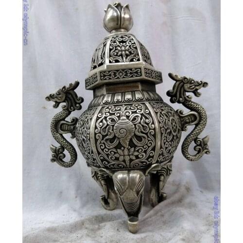 11" China silver Buddhism dragon fish elephant foot censer incense burner Statue